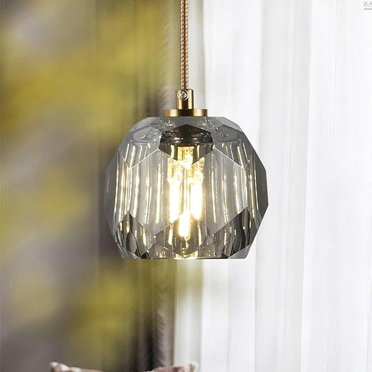 Modern Farmhouse Pendant Lights, Brass Smoke Crystal Hanging Lamp, Small 1 Light Raindrop Chanadelier for Bedroom Dining Room Kitchen Island Entryway Living Room