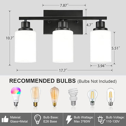 3-Light Black Bathroom Light Fixture Over Mirror,Modern Farmhouse Vanity Light,Wall Sconces with Milky White Glass Shade for Bathroom,Bedroom, Living Room,Staircase,Hallway E26