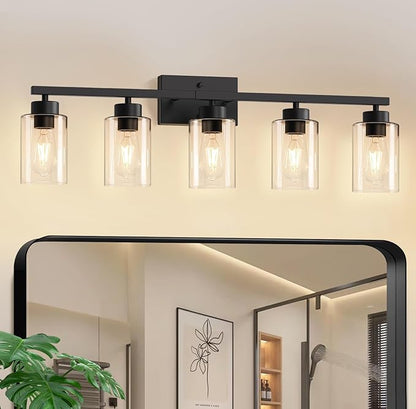 IZORRO Modern Bathroom Light Fixtures, 5 Light Black Vanity Lights, Bathroom Lighting Fixtures Over Mirror with Clear Glass for Living Room Cabinet Bedroom