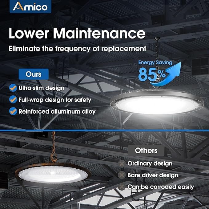 Amico UFO LED High Bay Light 150W 21000lm 5000K High Bay LED Shop Lights for Workshop Warehouse Barn with UL Listed US Hook 5' Cable Alternative to 650W MH/HPS for Commercial Lighting Fixture - 6 Pack