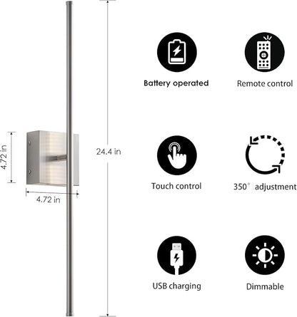 KARTOOSH Battery Operated Wall Sconces with Remote Control, Dimmable Wall Sconces Set of Two, 350°Rotate, 3000K LED Nickel Wireless Wall Light for Living Room, Hallway, Bedroom, 24.4 Inch (2 Pack)