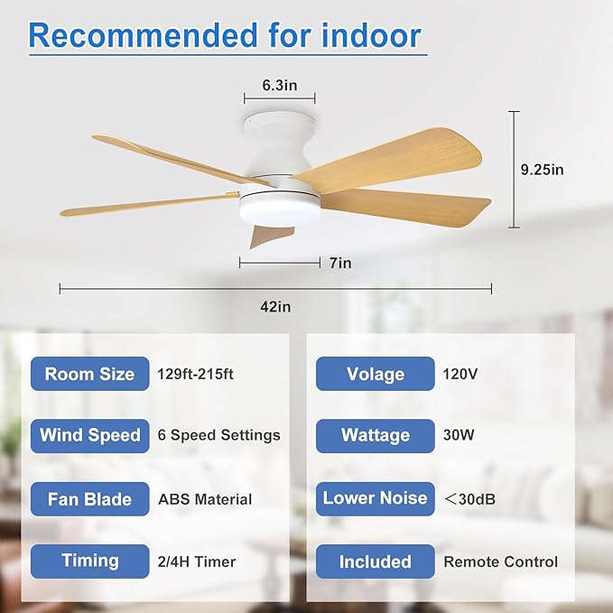 Depuley 42-Inch Ceiling Fans with Lights: Indoor/Outdoor Flush Mount Ceiling Fan with Remote Control - Wood 5 Blade Low Profile Fandelier for Kitchen Gazebo - Reversible Quiet Timer - 2 Packs