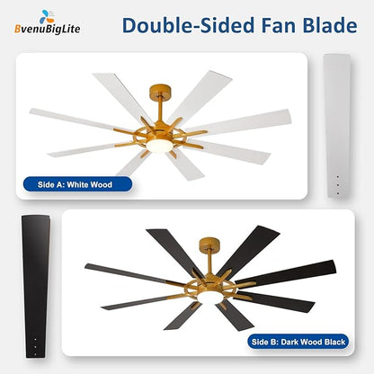 Large Ceiling Fans with Lights: Modern 66 Inch 8 Blade Outdoor Ceiling Fan with Remote APP Control - Dimmable White Gold Big Fan light Indoor Reversible 6 Speed Quiet DC Motor