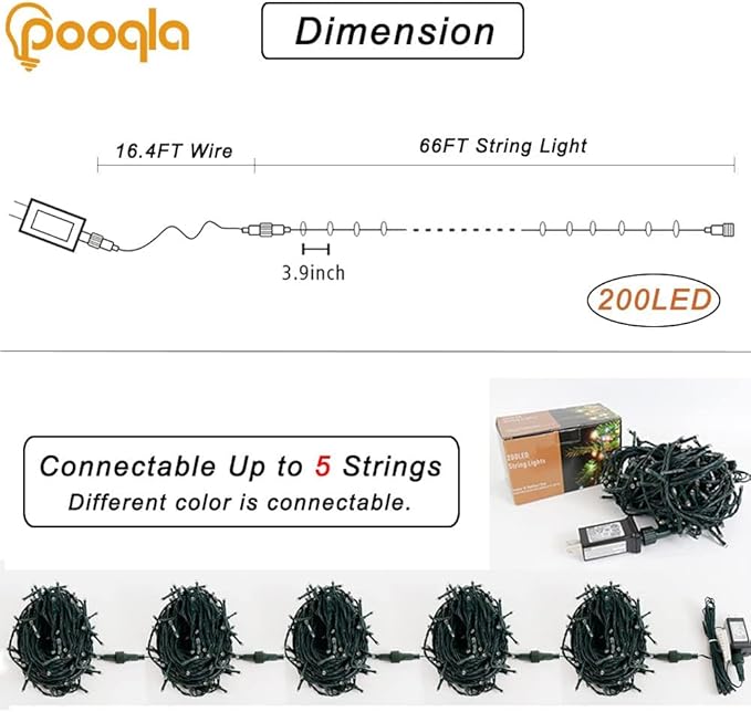 Pooqla 200 LED 66 FT 4th of July Decoration Lights, Red White Blue Lights Patriotic String Lights, Outdoor Independence Day Fairy Lights 8 Modes Connectable for Home Yard Patio Decoration, Green Wire