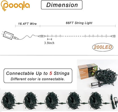 Pooqla 200 LED 66 FT 4th of July Decoration Lights, Red White Blue Lights Patriotic String Lights, Outdoor Independence Day Fairy Lights 8 Modes Connectable for Home Yard Patio Decoration, Green Wire