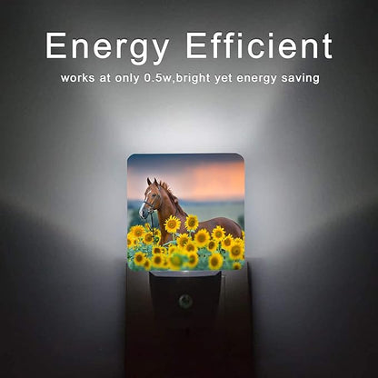 Horse Night Light,Sunflower Farm Animal Horses Plug-in Night Lights with Dusk-to-Dawn Sensor for Women/Girls/Boys Gift Sleep Friendly lamp for Bedroom, Bathroom and Living Room,0.5W