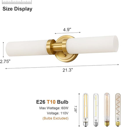 SANTOSTOCK Gold Bathroom Light Fixtures Modern Vanity Lights W/White Glass Shade, 2-Light Sconces Wall Lighting for Mirror Kitchen Bedroom Hallway, Brushed Brass Gold Wall Decor Wall Mount Lamp