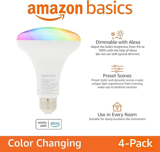 Amazon Basics Smart BR30 LED Light Bulbs, Color Changing, 9W (60W Equivalent), 800LM, Energy Efficient, Voice Control, Works with Alexa Only, 2.4 GHz Wi-Fi, No Hub Required, 8-Pack