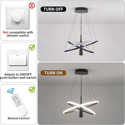 ORANOOR Modern LED Chandelier, Dimmable 20in Black Kitchen Pendant Light Fixture Dining Room Lights Ceiling Hanging, 2 Ring Round Chandeliers for Bedroom Living Room Staircase Over Table (3360lm)