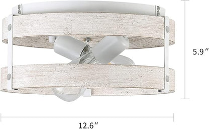 Modern Farmhouse ?Antique White Distressed Flush Mount Light Fixture 2-Light Wood Drum Semi Flush Mount Ceiling Light for Hallway Bedroom Kitchen Entryway Farmhouse