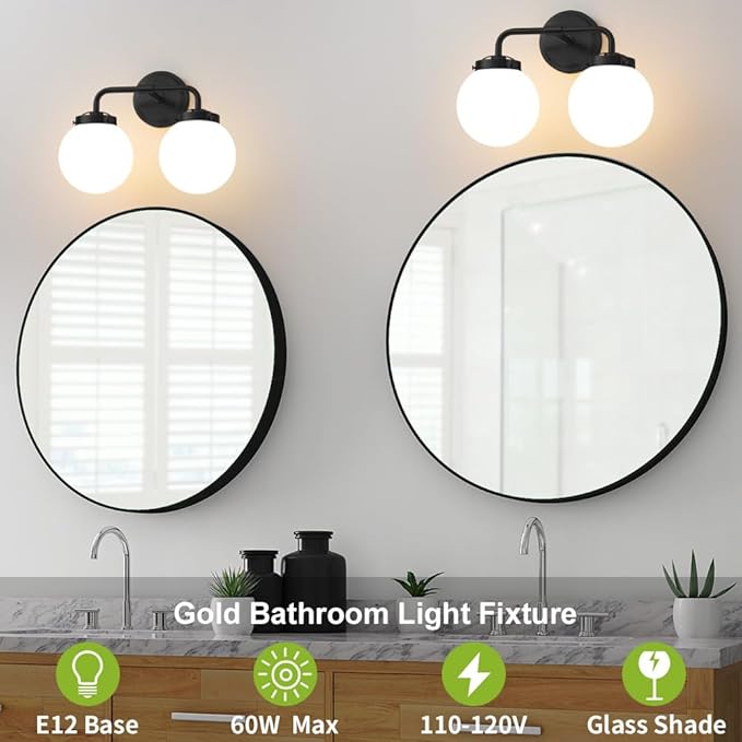 Black Bathroom Light Fixtures Over Mirror, Modern Vanity Lighting with Milk White Glass Globe Shades 2-Light Farmhouse Wall Sconce