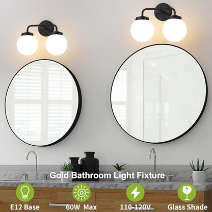 Black Bathroom Light Fixtures Over Mirror, Modern Vanity Lighting with Milk White Glass Globe Shades 2-Light Farmhouse Wall Sconce