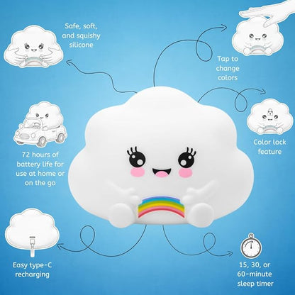 Lumipets Cloud Squishy Night Light for Kids | Soft Silicone Bedside Mood Lamp with Remote & Tap Control | Rechargeable Color Changing Night Light for Boys & Girls | Portable Nightlight with USB Cord