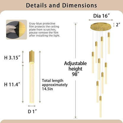 Modern 9-Light Crystal Chandelier – 98" High Ceiling Design Gold Dimmable LED Pendant Light for Foyer Living Room Hallway Staircase