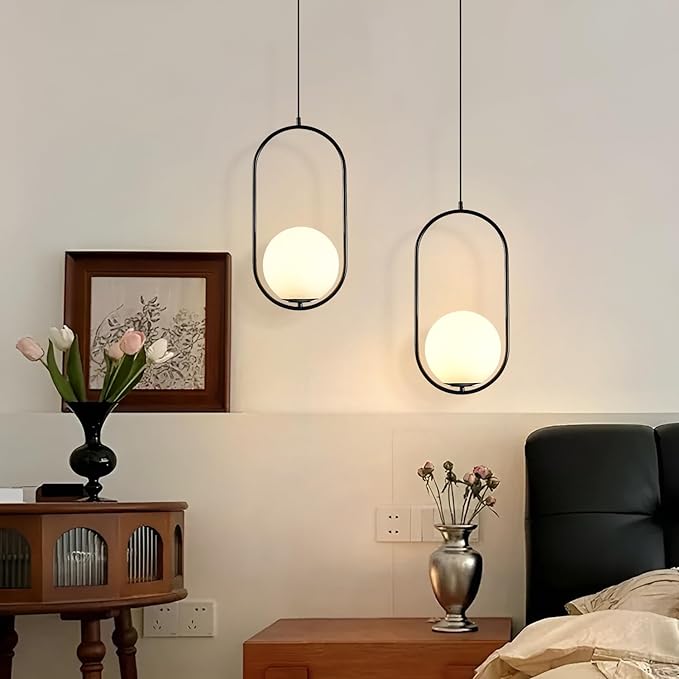 Modern Black Pendant Light, Bedside Matte Pendant Lights with White Glass Shade, Large Globe Ceiling Light for Kitchen Island Bedroom