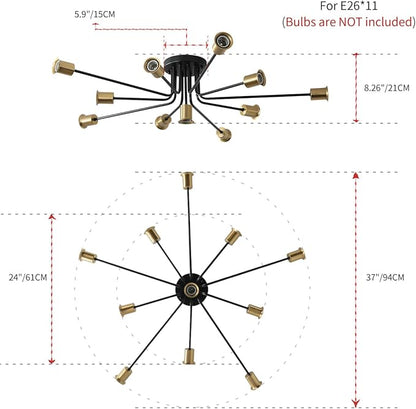 11-Lights Black and Gold Large Sputnik Ceiling Light Fixture,Modern Metal Semi Flush Mount Chandelier for Living Room Bedroom Office Dining Room Kitchen