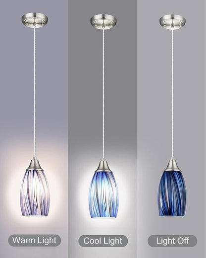 karyfine Dark Blue Glass Mini Pendant Lights for Kitchen Island 3Pack Blown Art Glass Pendant Lighting Shade Hanging Pendant Lights with Brushed Nickel Finish for Kitchen Over Sink,Dining Room