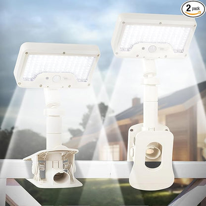 Clip On Solar Lights Outdoor with Motion Sensor, 360°Rotatable & Vertically Adjustable Solar Fence Lights with 92 LEDs (600 LM, 6000 K),IP65 Waterproof Security Light for Deck, Gutter（White, 2 Pack）