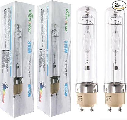 MH 315W Metal Halide Grow Light Bulb Lamp Full Spectrum CCT 10000K,High Efficiency Enhanced Blue Spectrum CDM for Flowering,Compatible with CMH 315 Grow Bulb Fixture PGZX 18 Socket,2Pack