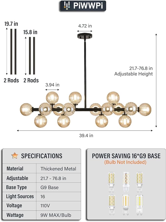 Glass Globe Sputnik Chandelier, 16-Light Mid Century Modern Light Fixture Over Table, Linear Chandeliers for Dining Room, Kitchen Island, Black and Amber Bubble, 40 Inch, GC-02