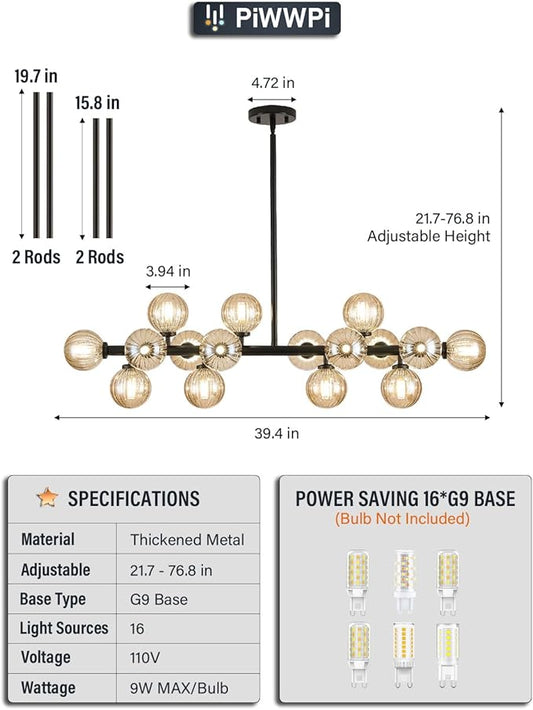 Glass Globe Sputnik Chandelier, 16-Light Mid Century Modern Light Fixture Over Table, Linear Chandeliers for Dining Room, Kitchen Island, Black and Amber Bubble, 40 Inch, GC-02