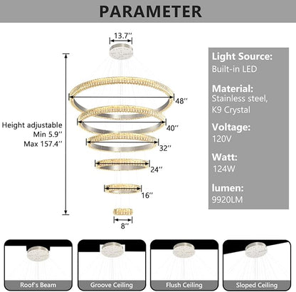 47" 6 Ring Crystal Chandelier Modern LED Dimmable Ring Pendant Light Chandelier for Dining Room Living Room Silver