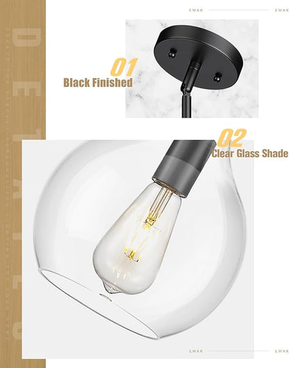 Emak 8 Inch Pendant Lights Kitchen Island, Modern Black Pendant Light with Clear Glass Shade, Farmhouse Hanging Light Fixture for Kitchen, Bathroom, Hallway, Dining Room, PL125-BK