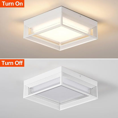 White Square Flush Mount Outdoor LED Ceiling Light Fixture, 120V 24W 3000K 9 inch Medium Overhead Porch & Patio Lights Ceiling Mounted, Waterproof Suitable for Wet Areas