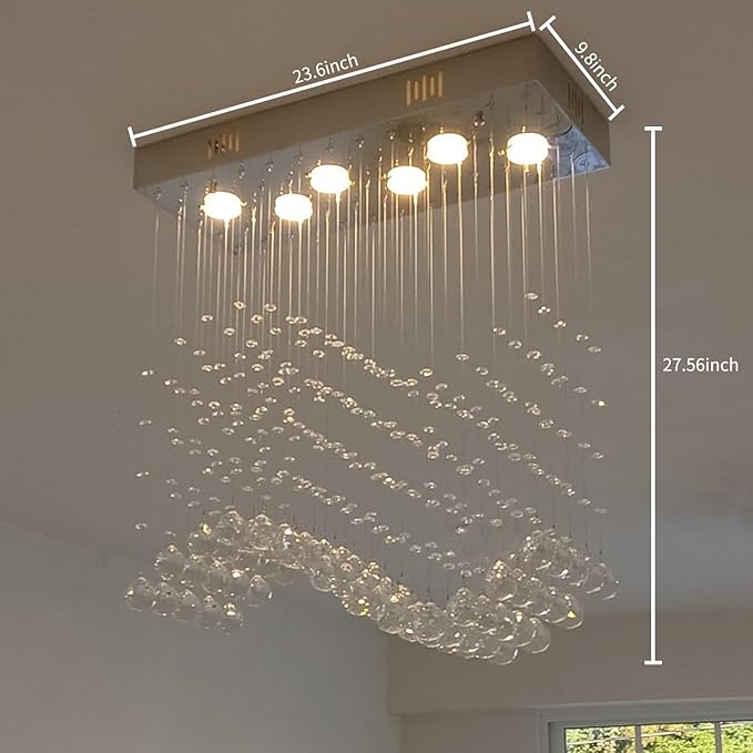 Modern Wave Chandelier, Rectangular Crystal Raindrop Chandelier Flush Mount Pendant Lighting Chrome Ceiling Light Fixture for Dining, Living Room, Kitchen Island, Bedroom of CRYSTOP