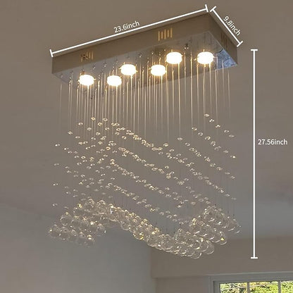 Modern Wave Chandelier, Rectangular Crystal Raindrop Chandelier Flush Mount Pendant Lighting Chrome Ceiling Light Fixture for Dining, Living Room, Kitchen Island, Bedroom of CRYSTOP