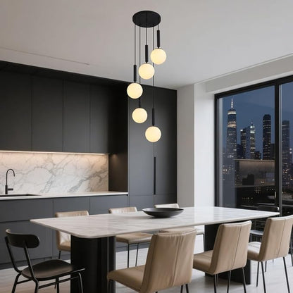 KCO Lighting 5 Light Cluster Pendant Lighting White Globe Chandelier Light Fixture Large Milk Glass Chandelier Matte Black Stairway Hanging Lighting Multi Pendant Hanging Light Fixture