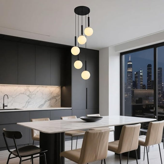 KCO Lighting 5 Light Cluster Pendant Lighting White Globe Chandelier Light Fixture Large Milk Glass Chandelier Matte Black Stairway Hanging Lighting Multi Pendant Hanging Light Fixture