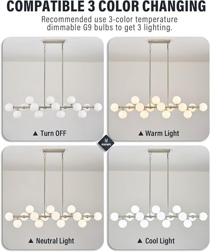 55" Long Chandeliers for Dining Room Kitchen Island, Large Globe Sputnik Linear Chandelier, 16 Lights Mid Century Modern Light Fixture Over Table,Nickel and Milk White Bubble, GC-08