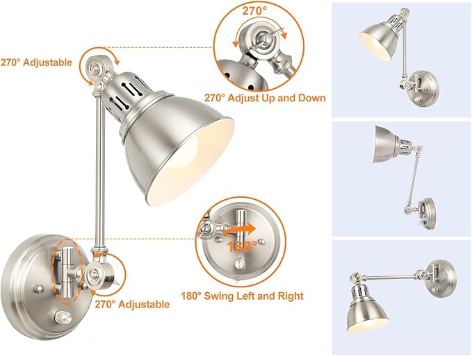 GOODATE 1 Pack Plug in Wall Sconce with Remote Control, Dimming, Adjustable Colors 2700K-6500K, Plug in Wall Light, Swing Arm Wall Lamp with Night Light & Timer, LED Bulb Included, Brushed Nickel
