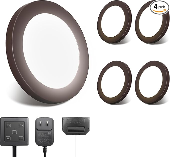 V4light LED Puck Lights 4 Pack, 6mm Ultra-Thin Plug in Under Cabinet Lighting with Touch Dimmer, Adjustable Color Temp(2700K-6500K), Easy Installation for Kitchen, Pantry, Closet, Bedroom (Brown)