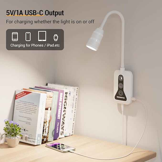 Wall Mounted Reading Light for Bed, Headboard Light with 360° Flexible Arm, Hand Wave Sensor, Focused 60° Beam, 5 Color Temperatures, Stepless Dimming, Memory Function, USB-C Output, White 1 Pack