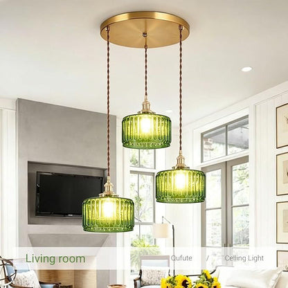 3-Light Modern Chandelier Pendant Light - Mid Century Sputnik Glass Globe With Green Striped Shade, Gold Adjustable Ceiling Lamp for Dining Room