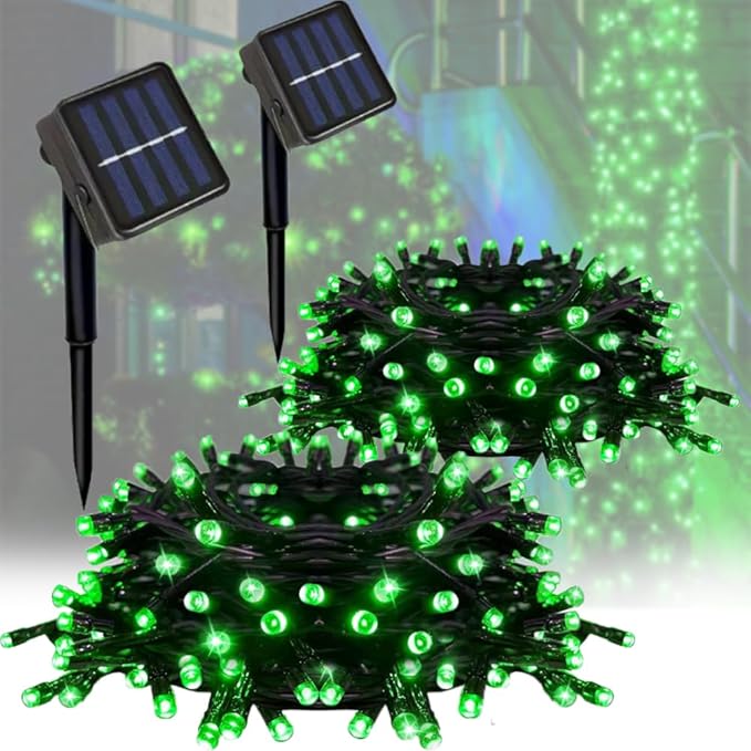 2 Pack Solar String Lights Outdoor, Total 100 LED Each 20Ft with 8 Lighting Modes for Yard, Fence,Balcony, Party,Christmas Tree Decorations (Green Light)