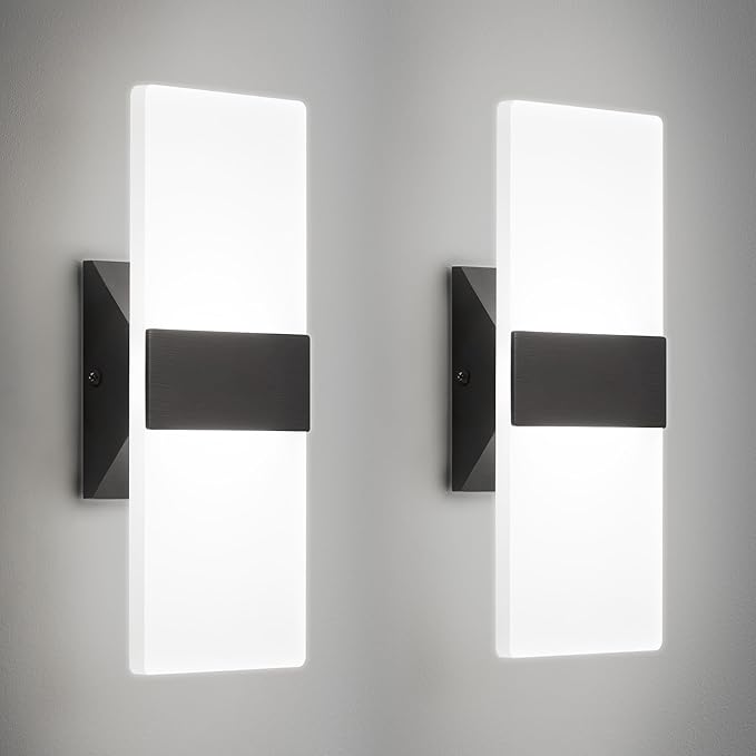 Modern LED Wall Sconces Set of Two, 12 Inch Indoor Dimmable Black Wall Lights, 12W 2700K-5000K Adjustable, Hardwired Acrylic Wall Sconces for Living Room Bedroom Bathroom Hallway, ETL