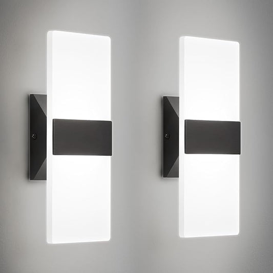 Modern LED Wall Sconces Set of Two, 12 Inch Indoor Dimmable Black Wall Lights, 12W 2700K-5000K Adjustable, Hardwired Acrylic Wall Sconces for Living Room Bedroom Bathroom Hallway, ETL