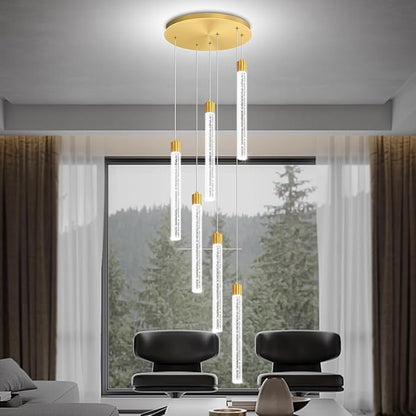 6-Light Modern Gold Crystal Chandelier for Spiral Staircase High Ceiling Chandeliers Bubble Crystal Chandelier Lighting Cluster Hanging Light Fixture for Living Room Foyer