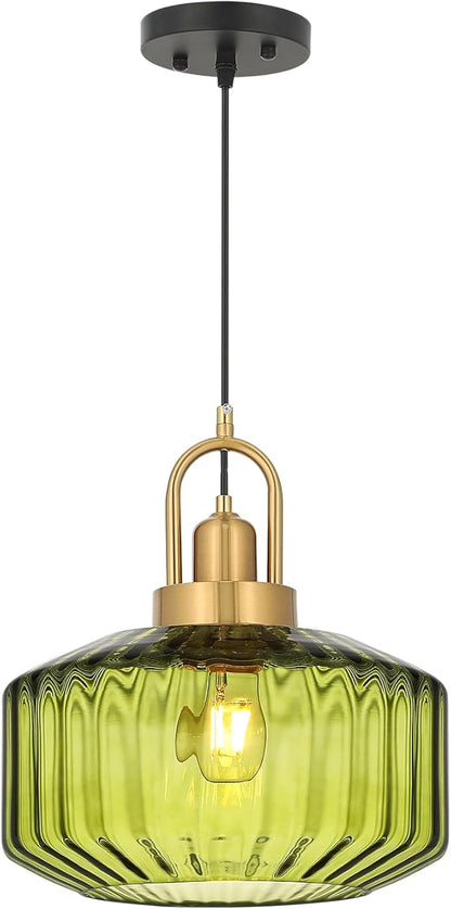 11.8in Mid Century Modern Green Glass Pendant Light Fixture, Large Gold Kitchen Island Pendants Light Glass Ceiling Hanging Lamp for Foyer Dining Room Bedroom Entryway Hallway Over Sink