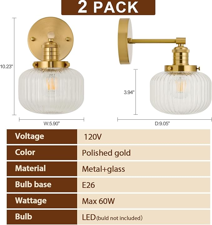 Vintage Wall Sconce Set of 2,Hard Wired Sconce with Clear Ribbed Glass Shade,Indoor Wall Mounted Lamp for Bedroom Living Room Bathroom Hallway