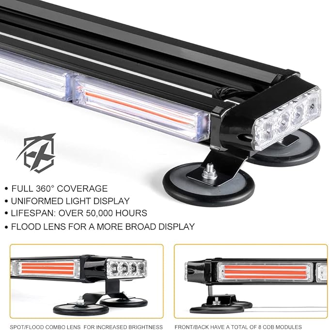 Xprite 26" COB LED Strobe Rooftop Flashing Light Bar, Double Side Hazard Warning Beacon Safety Police Lights w/Magnetic for Emergency Vehicles Cop Cars Trucks Traffic Security Red & Blue