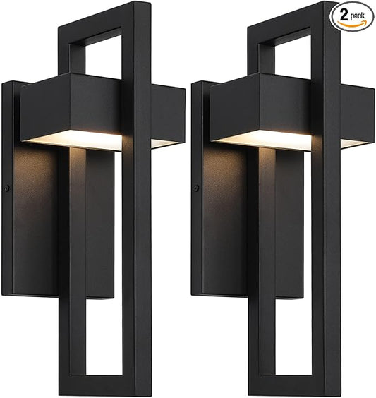 Krychiler 13.6 Inch Contemporary Outdoor Wall Lights with 3000K Integrated LED, 2 Packs Matte Black Metal Modern Exterior Lighting Fixtures Outside Wall Mount, for House Porch Patio Garage Front Door