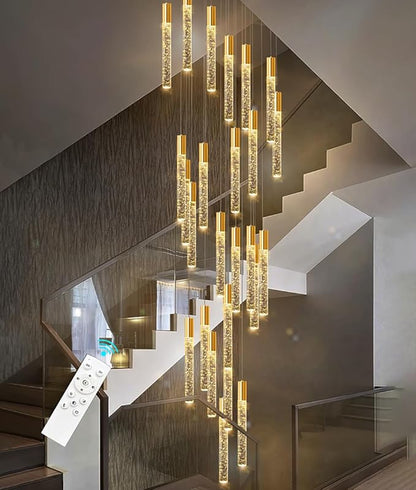 HAIXIANG 20 Foot 48-Light Gold High LED Dimmable Chandeliers Ceiling Pendant Light Fixtures Remote Control Light Fixtures Crystal Raindrop Fixtures Living Room Staircase Entrances