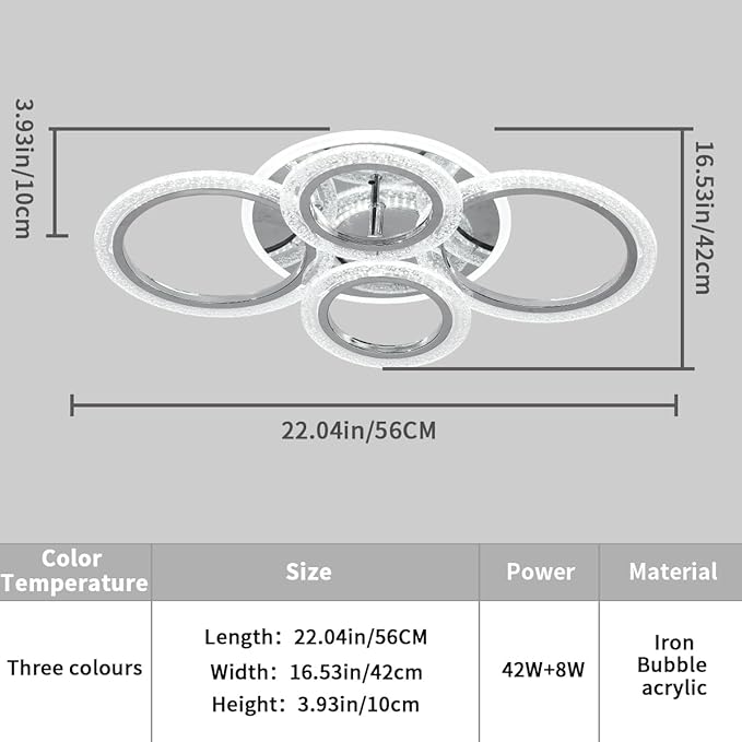 Garwarm Modern Ceiling Light 58W Dimmable Flush Mount LED Ceiling Lamp 4 Rings Acrylic Ceiling Chandelier for Living Room Dining Room Bedroom,Chrome