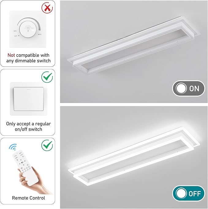 Dimmable Led Ceiling Light with Remote Control 31.5in Modern Linear Flush Mount Ceiling Lighting Fixture Acrylic Long Ceiling Lamp for Living Room Kitchen Dining Room Hallway (White)