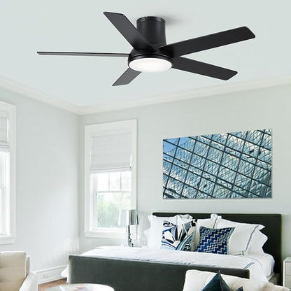 52 Inch Ceiling Fans with Lights and Remote, Flush Mount Black Ceiling Fan for Bedroom Living Room Indoor/Outdoor, Quiet 6 Speed Reversible DC Motor, 3CCT, Dual Color 5 Blades, ETL Listed
