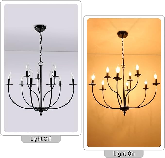 Black Chandelier, 9 Light Industrial Iron Farmhouse Chandeliers, 2-Tier Candle French Country Chandelier for Living Room Dining Room Bedroom Foyer